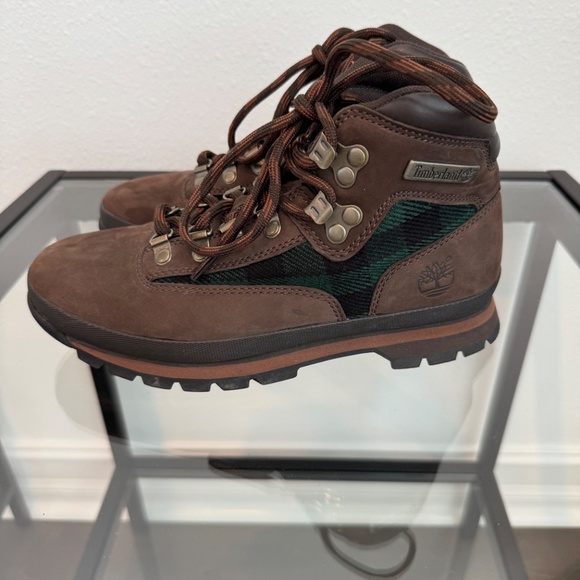 TIMBERLAND Women’s Euro Hiker Brown Leather/Suede & Plaid print Boots Size 8 - Picture 7 of 12